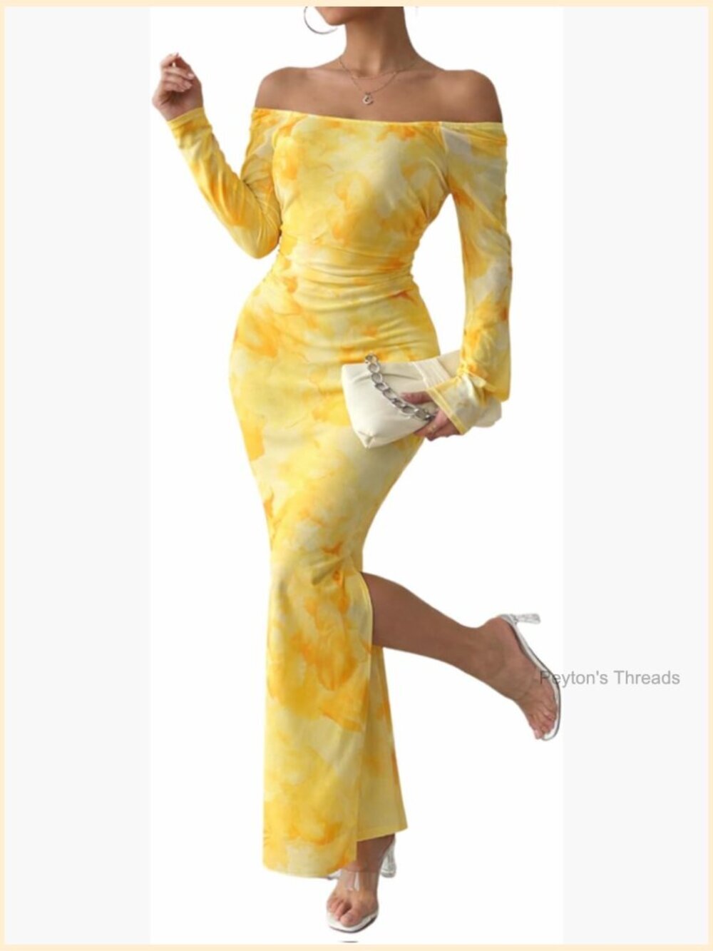 Off Shoulder Maxi Dress Long Sleeve Bodycon Ruched Mesh Cocktail Dress